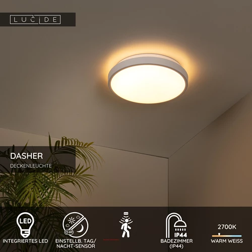 Lucide DASHER - Deckenleuchte Badezimmer - Ø 29,3 cm - LED - 1x12W 2700K - IP44 - Bewegung und Tag/Nacht-Sensor - Weiß - USP